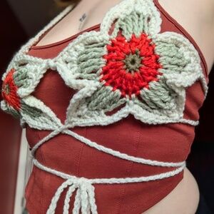 Crochet Floral Bralet, Hand-Crocheted Tie Top, Bra, Mermaid-Core, One Size